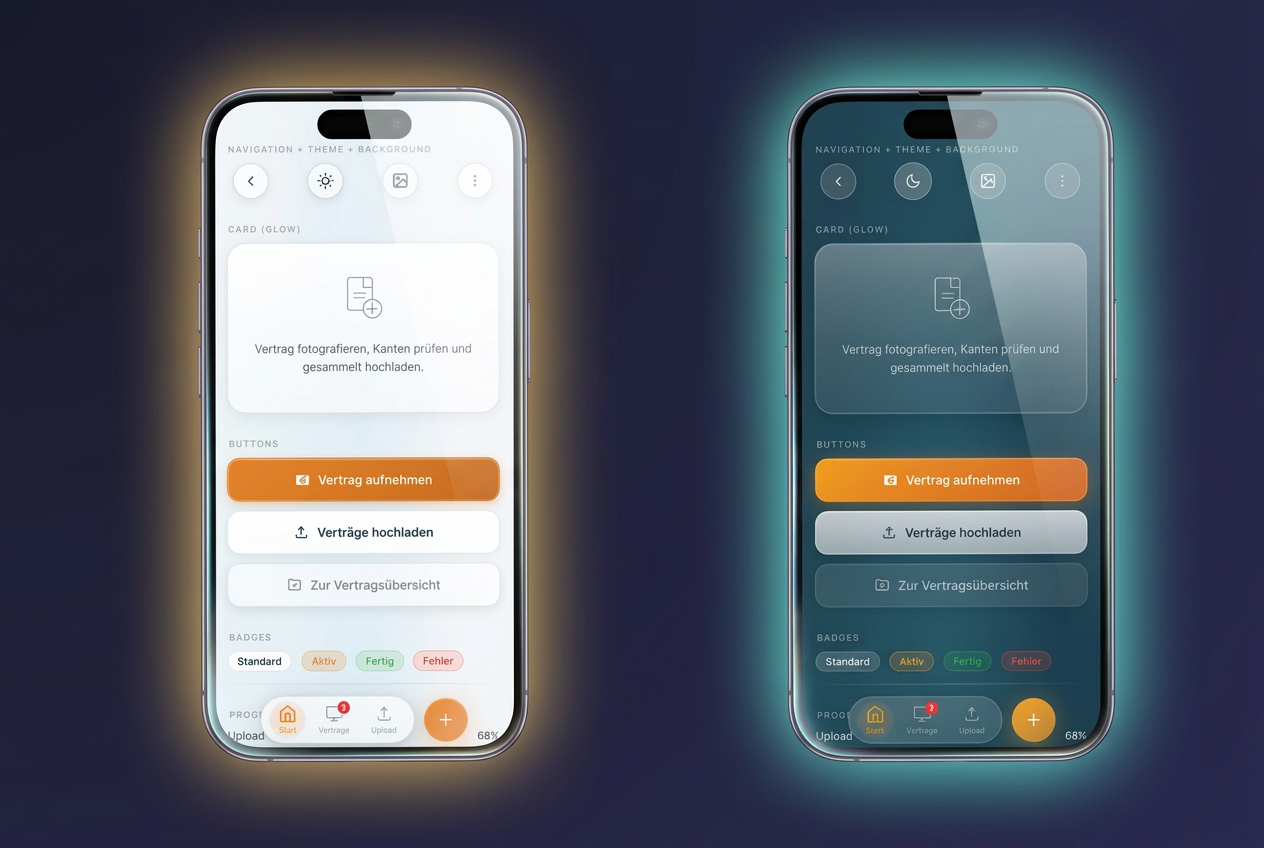 GlassKit Light und Dark Mode mit Aurora-Hintergrund